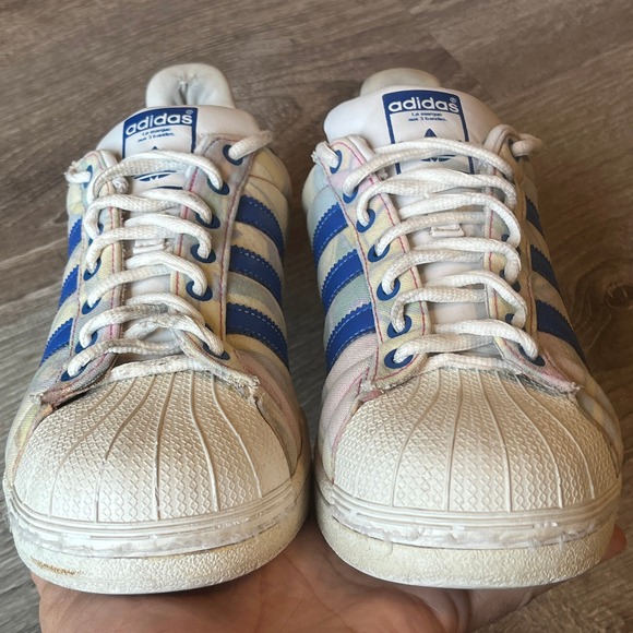 Adidas Superstar Trainers Blue White Floral Fabric Womens 10 UK 8.5 EU 42 2 /3